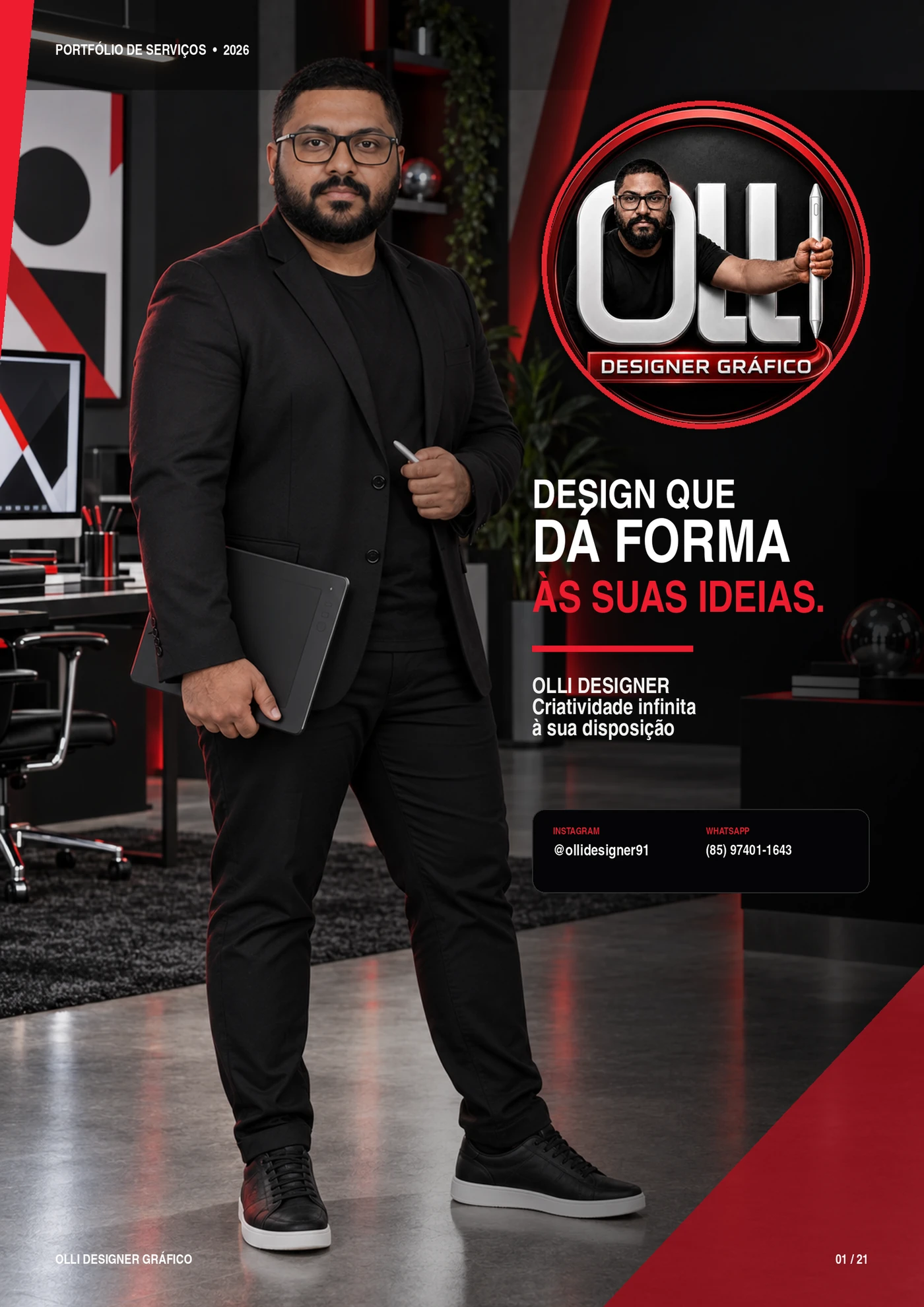 Olli Designer em seu estúdio, com sua identidade visual e a frase Design que dá forma às suas ideias