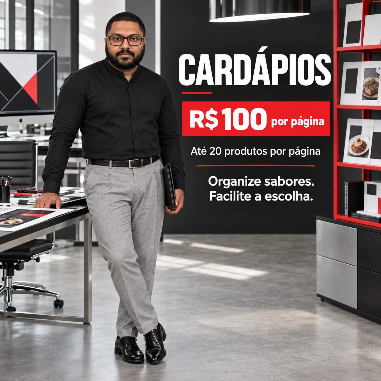 Cardápios — R$ 100 por página, até 20 produtos por página