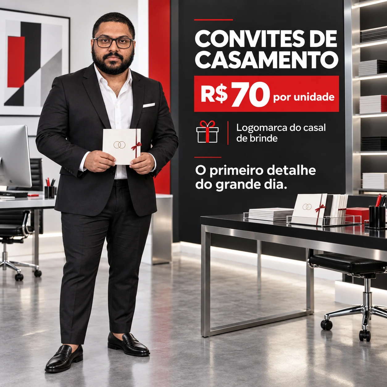 Convites de casamento — R$ 70 por unidade, com logomarca do casal de brinde