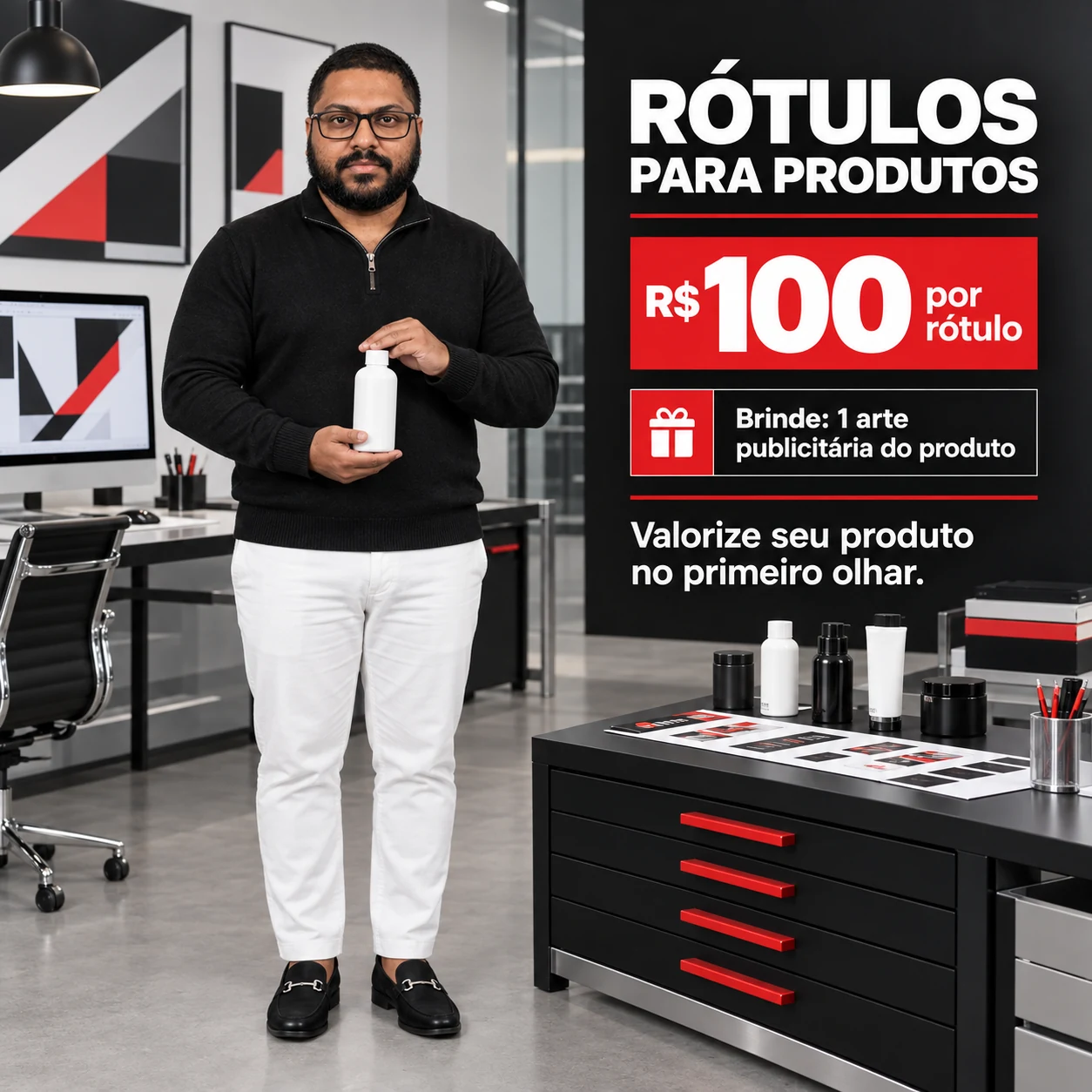 Rótulos para produtos — R$ 100 por rótulo, com uma arte publicitária de brinde
